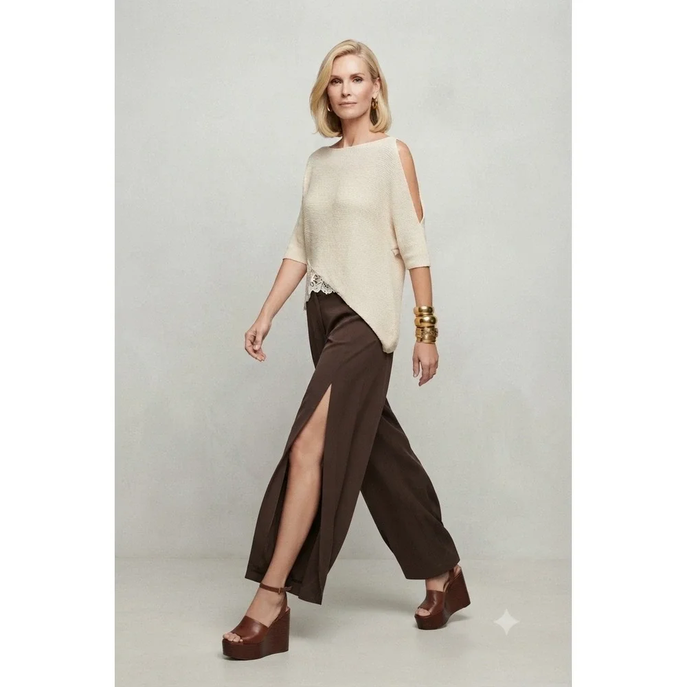 Zara Brown Cotton Linen High Waisted Side Slit Wide Leg Tulip Pants Size M NWT